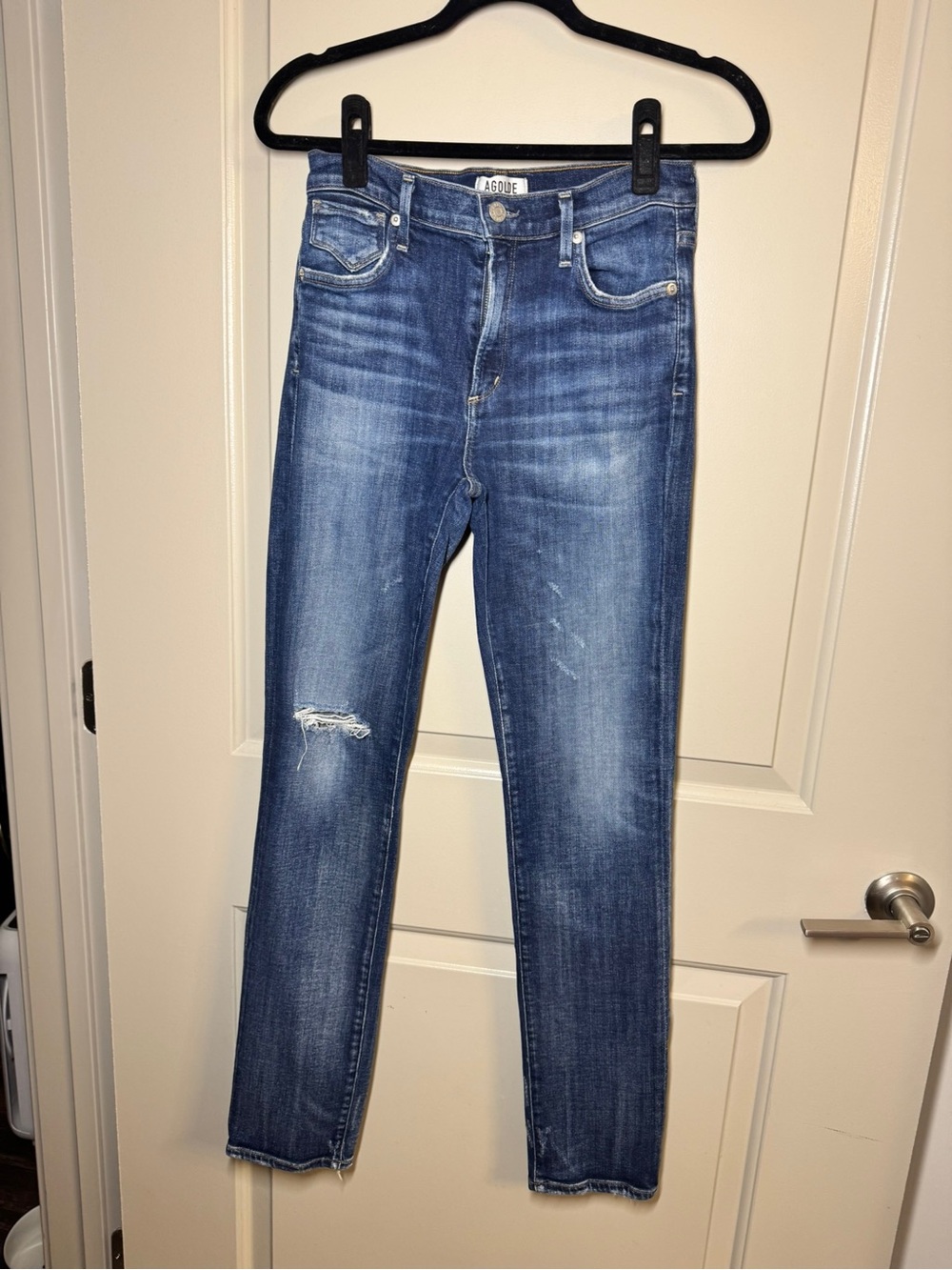 Agolde Distressed Medium Blue High-Rise Slim Jeans
